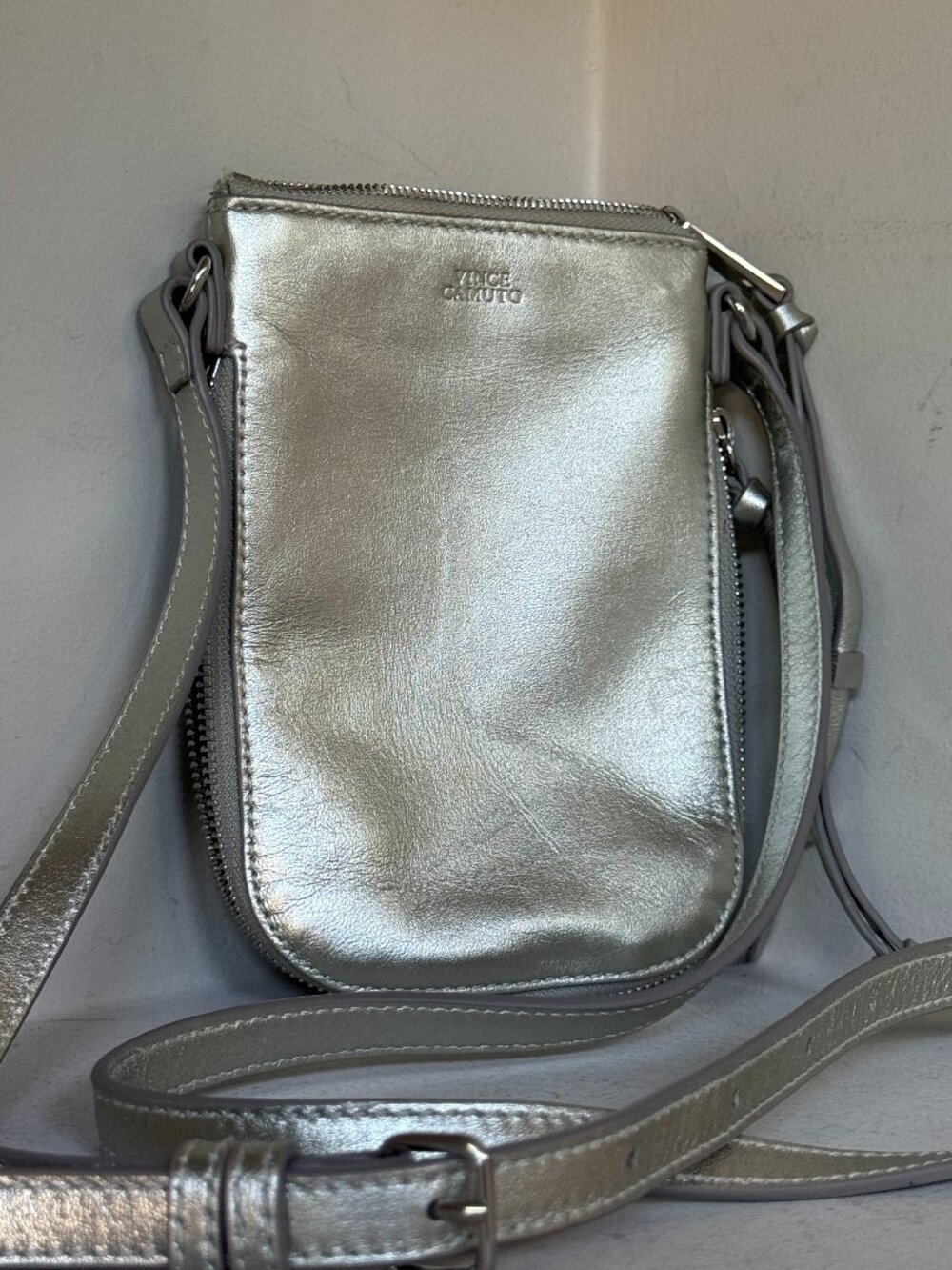 Vince Camuto Metallic Silver Genuine Leather Phone Crossbody Bag